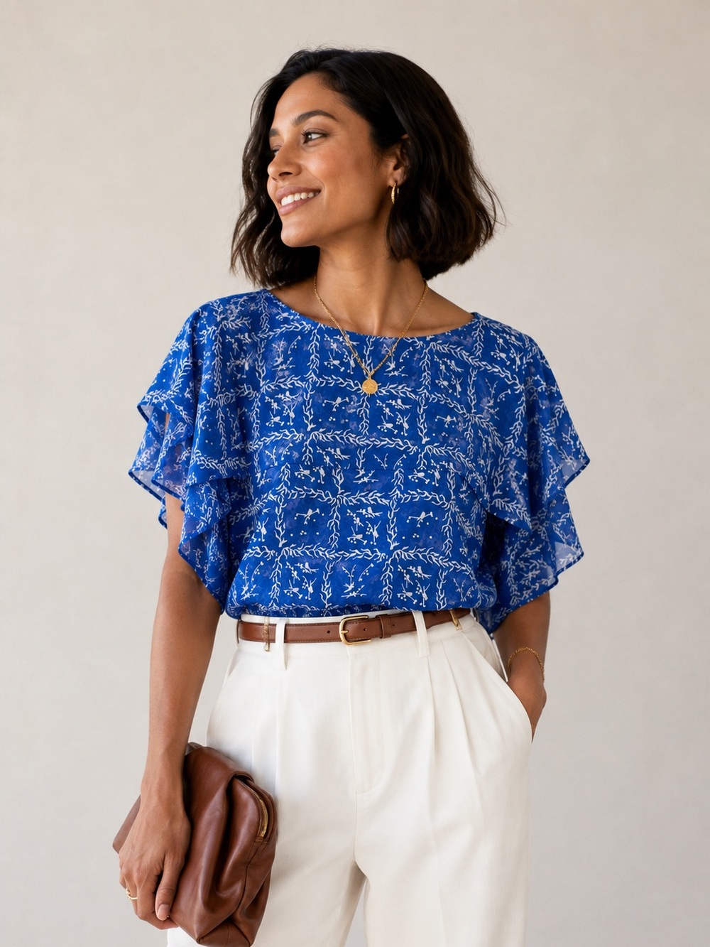 & Other Stories Blue Floral Print Ruffle Sleeve Blouse